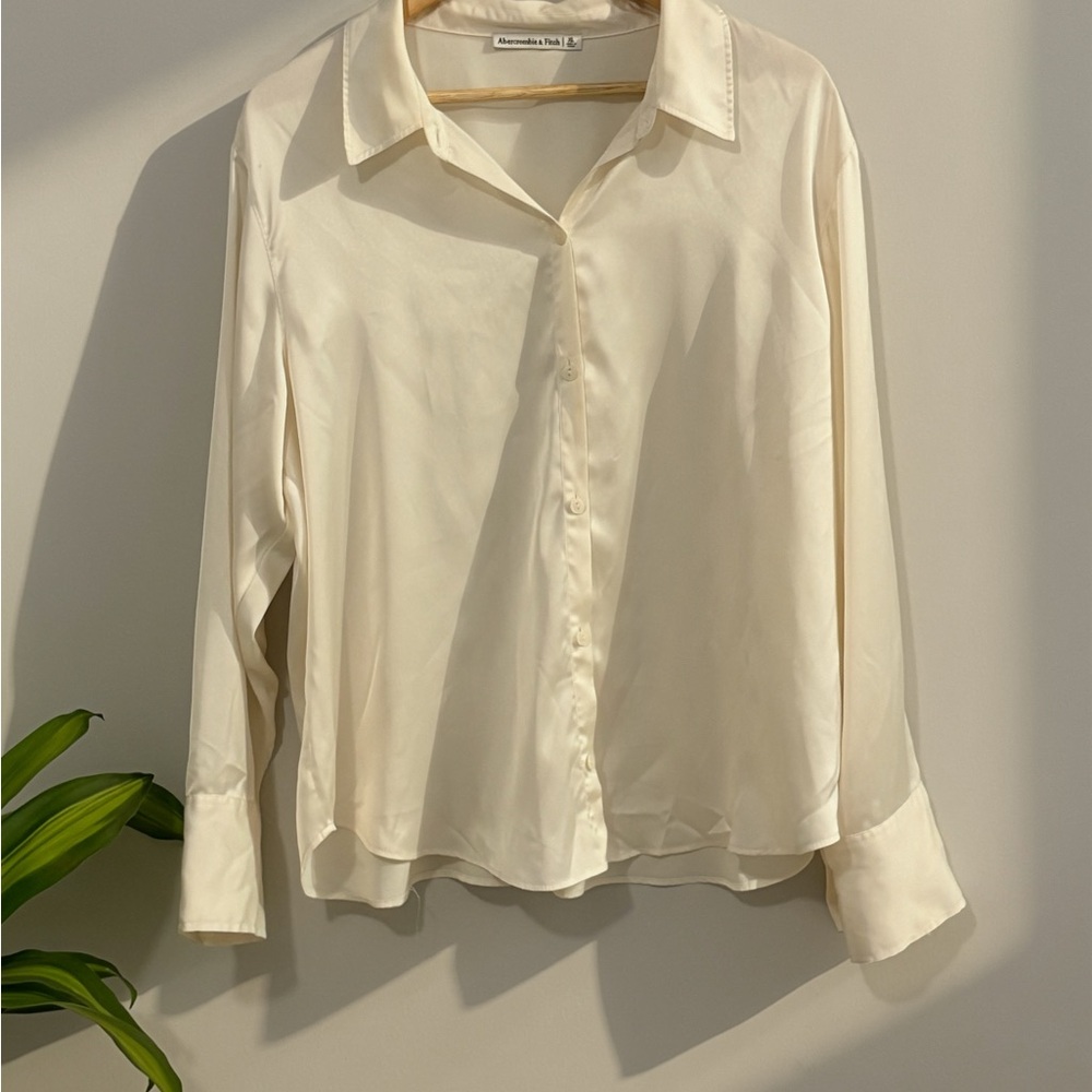 Cream Satin Button-Up Blouse